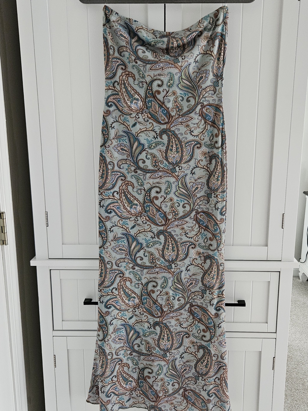 Paisley Print Maxi Strapless Dress in Light Green and Brown Tones